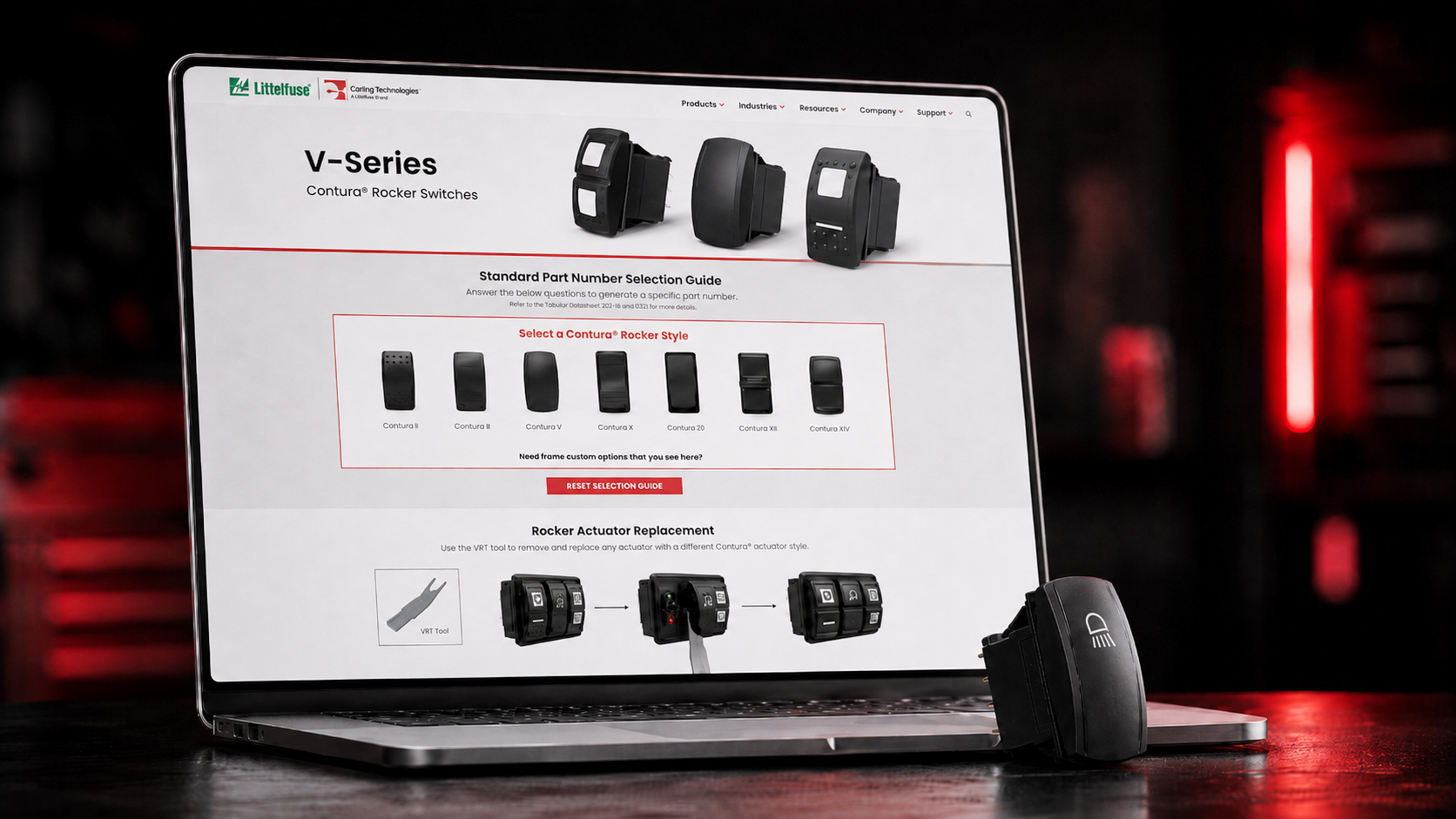 V-Series Selector Tool shown on a laptop
